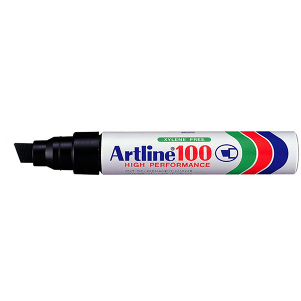 Artline 100 er vatnsþolinn merkitússpenni. Hentar t.d. á pappa, plast, gler, járn og gúmmí. Skáskorinn oddur með  7,5 - 12 mm  skrifbreidd.